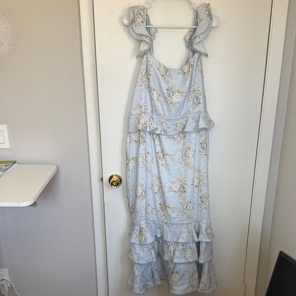 New V. Chapman Violet Linen‑Blend Midi Dress – Victorian Blue Roses – Size 16 - Picture 3 of 7